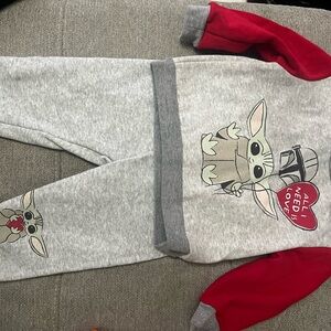 Cozy Gray and Red Matching Set with Cute Animal Design